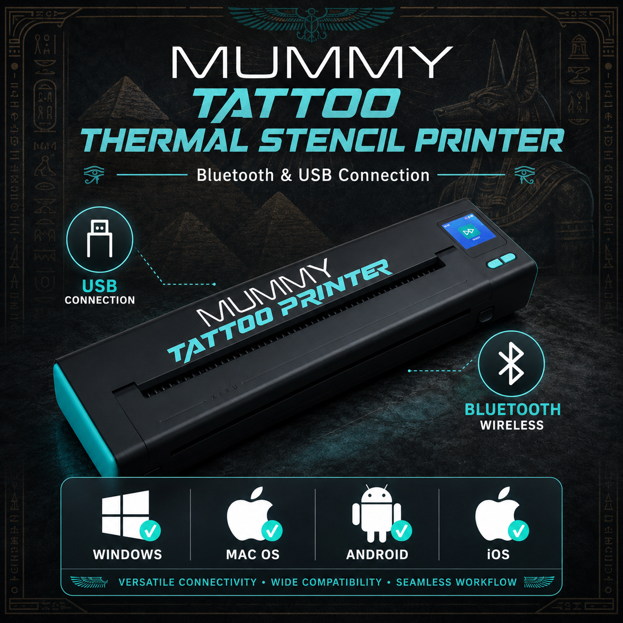Translation missing: fr.Mummy Wireless Tattoo Stencil Printer, Bluetooth USB Thermal Printer for A4(black+blue)