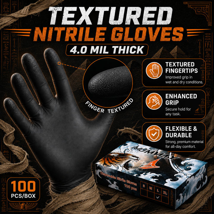 Translation missing: es.Mummy Black Textured Nitrile Tattoo Gloves 4 Mil