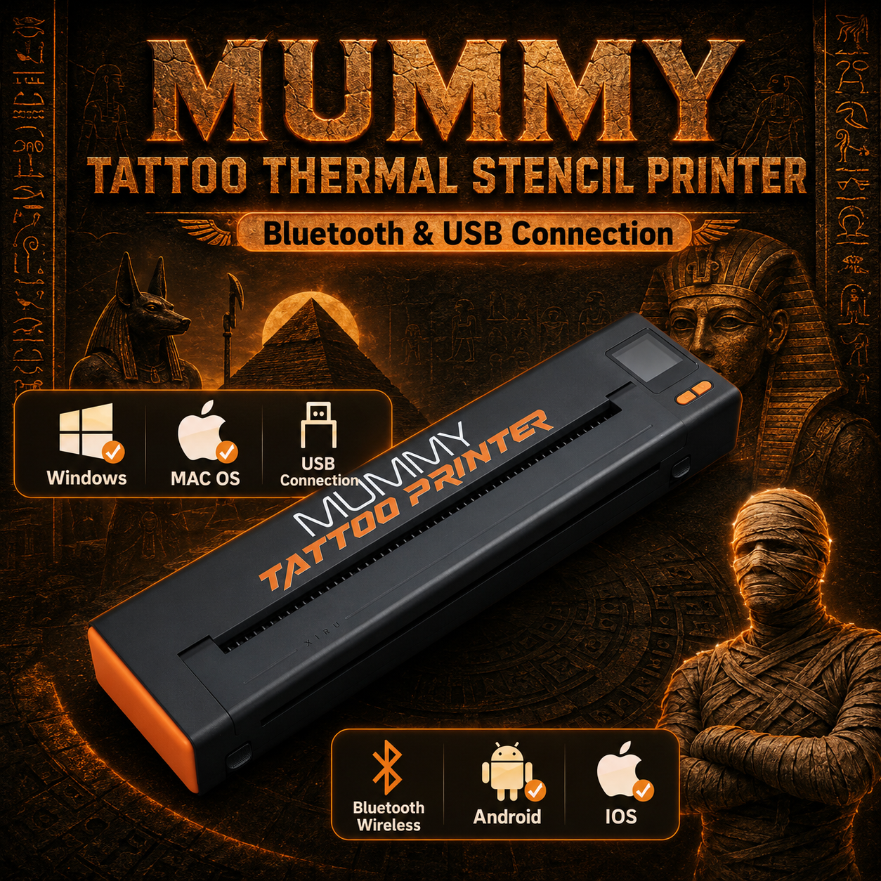 Translation missing: fr.Mummy Wireless Tattoo Stencil Printer, Bluetooth USB Thermal Printer for A4(black+orange)