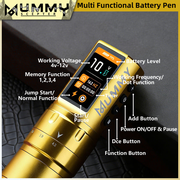 MUMMY SCEPTER PROFESSIONAL WIRELESS TATTOO MACHINE ADJUSTABLE STROKE LENGTH(Golden)