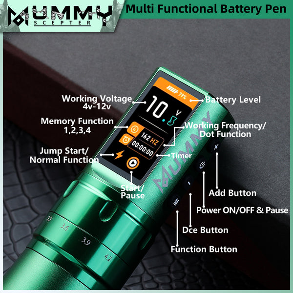 MUMMY SCEPTER PROFESSIONAL WIRELESS TATTOO MACHINE ADJUSTABLE STROKE LENGTH(Green)