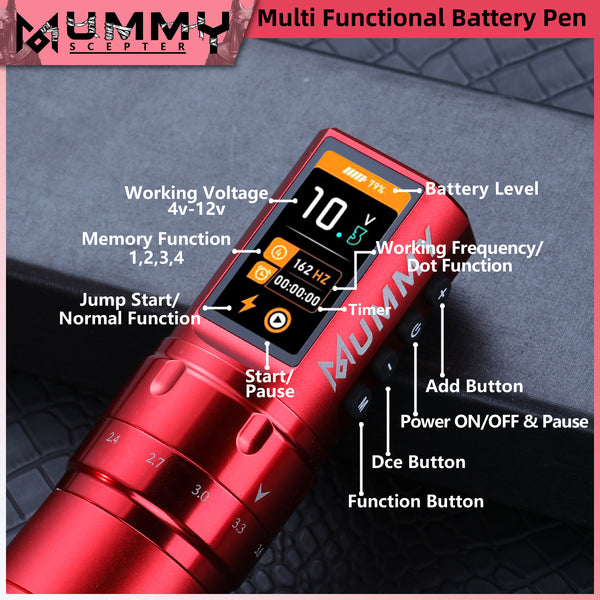 MUMMY SCEPTER PROFESSIONAL WIRELESS TATTOO MACHINE ADJUSTABLE STROKE LENGTH(Red)