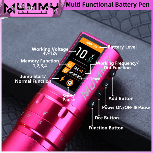Mummy Scepter Professional Wireless Tattoo Machine Adjustable Stroke Length(Pink)
