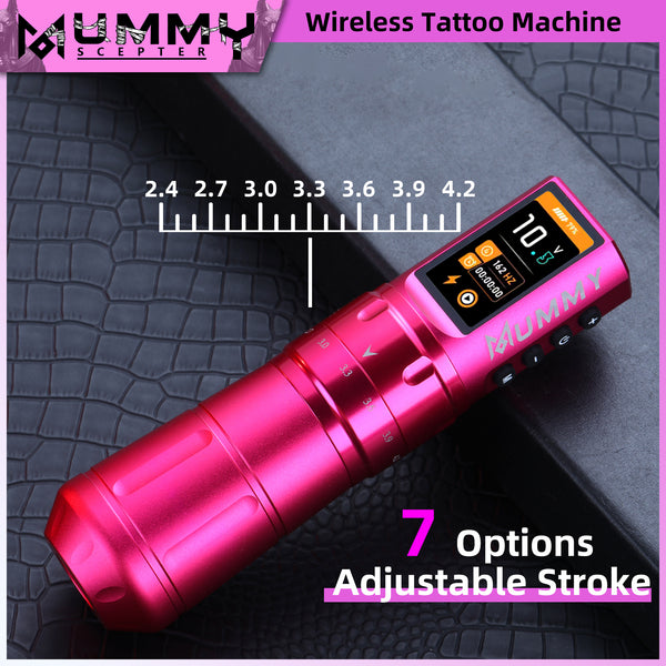 Mummy Scepter Professional Wireless Tattoo Machine Adjustable Stroke Length(Pink)