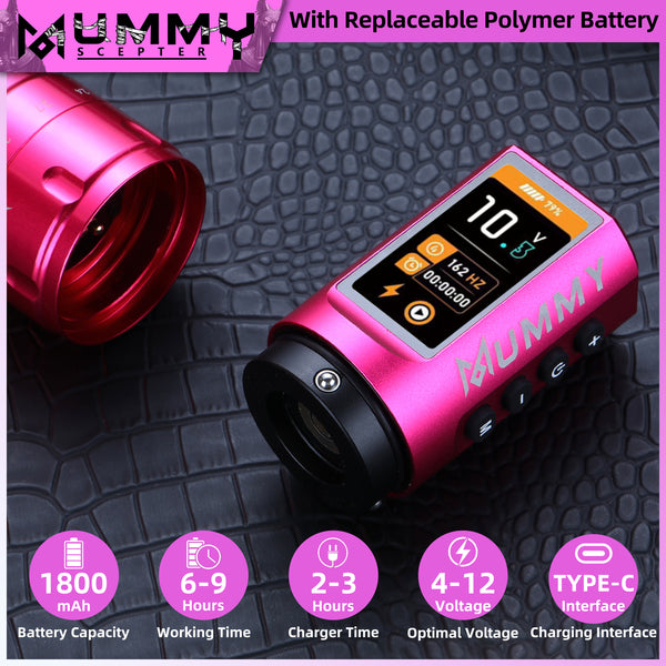 Mummy Scepter Professional Wireless Tattoo Machine Adjustable Stroke Length(Pink)