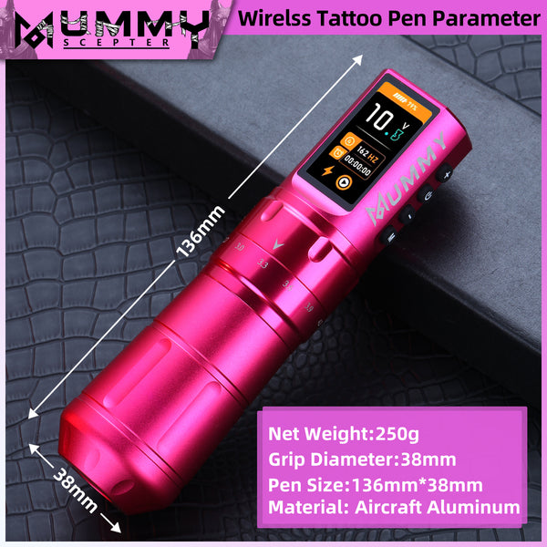 Mummy Scepter Professional Wireless Tattoo Machine Adjustable Stroke Length(Pink)