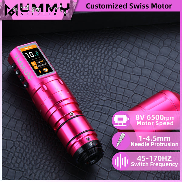 Mummy Scepter Professional Wireless Tattoo Machine Adjustable Stroke Length(Pink)