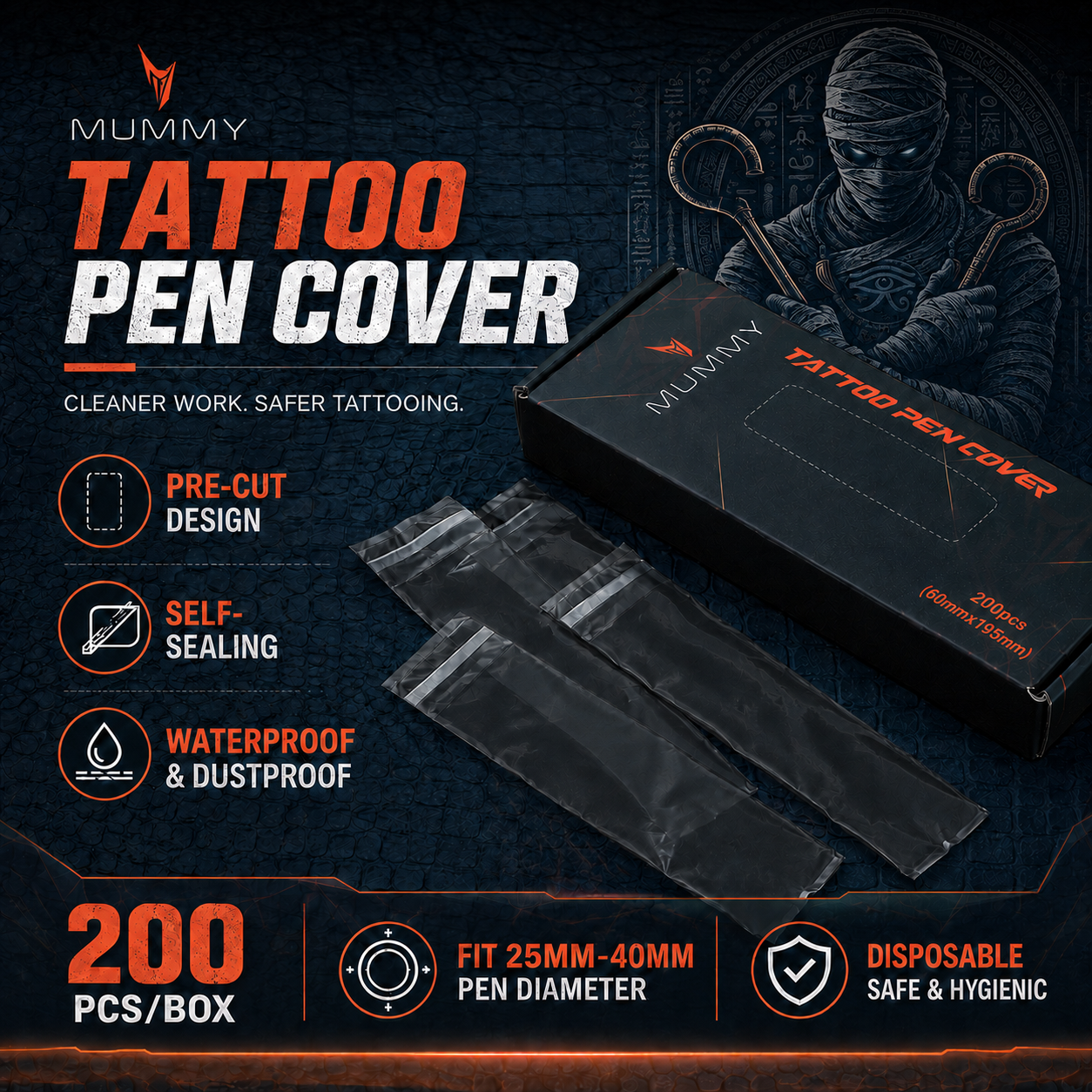 Translation missing: de.Mummy 200pcs Tattoo Pen Machine Covers with Self-adhesive Strip Disposable Cartridge Rotary Tattoo Pen Machine Sleeves Bag