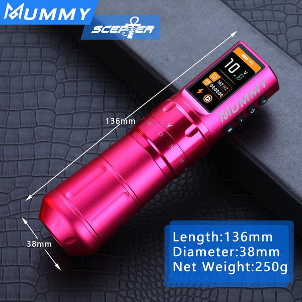 Mummy Scepter Professional Wireless Tattoo Machine Adjustable Stroke Length(Pink)