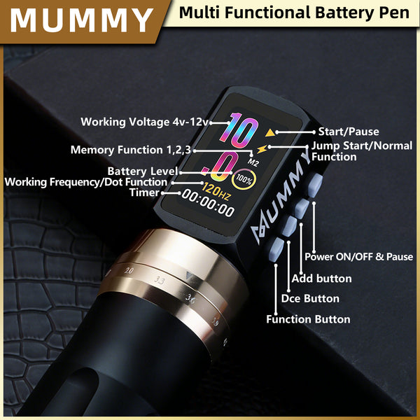 Mummy Tattoo Machine Pen with Adjustable 7 Strokes(Dual Battery)-black