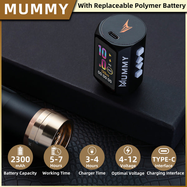 Mummy Tattoo Machine Pen with Adjustable 7 Strokes(Dual Battery)-black
