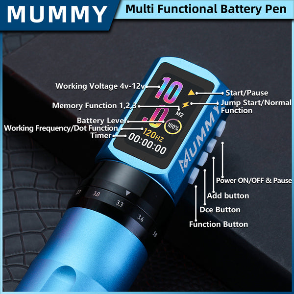 Mummy Tattoo Machine Pen with Adjustable 7 Strokes(Dual Battery)-blue
