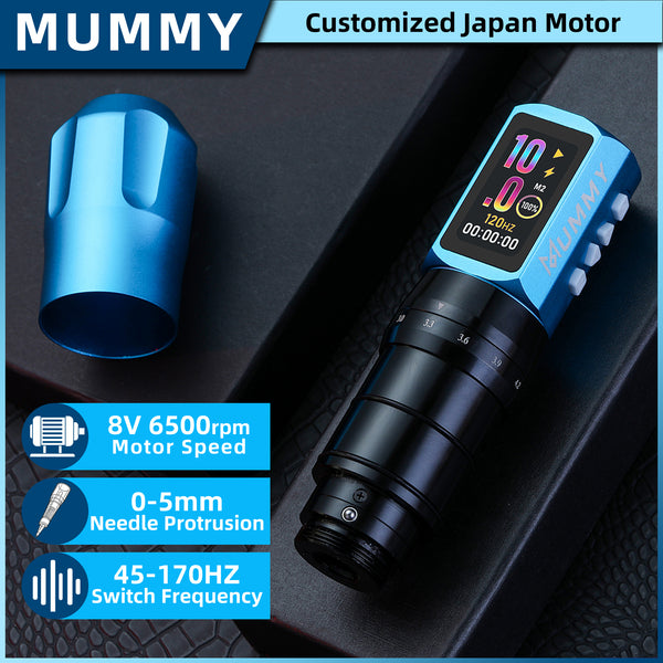 Mummy Tattoo Machine Pen with Adjustable 7 Strokes(Dual Battery)-blue