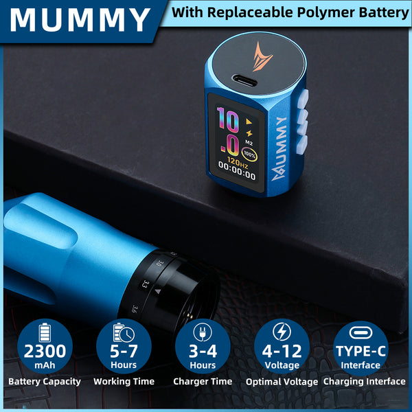 Mummy Tattoo Machine Pen with Adjustable 7 Strokes(Dual Battery)-blue
