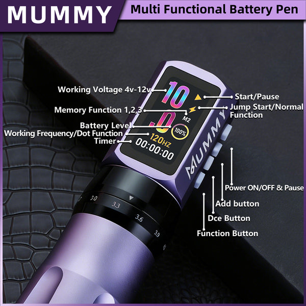 Mummy Tattoo Machine Pen with Adjustable 7 Strokes(Dual Battery)-purple