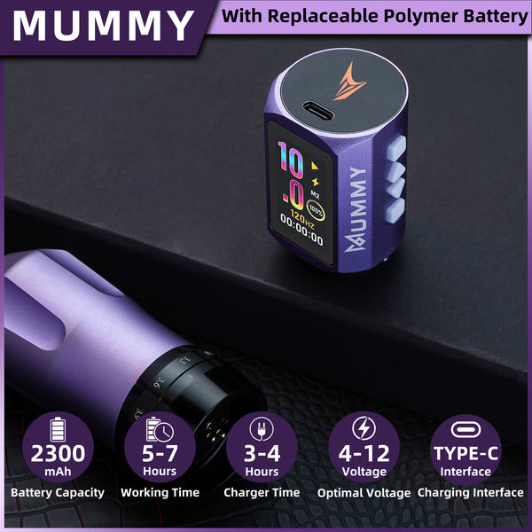Mummy Tattoo Machine Pen with Adjustable 7 Strokes(Dual Battery)-purple