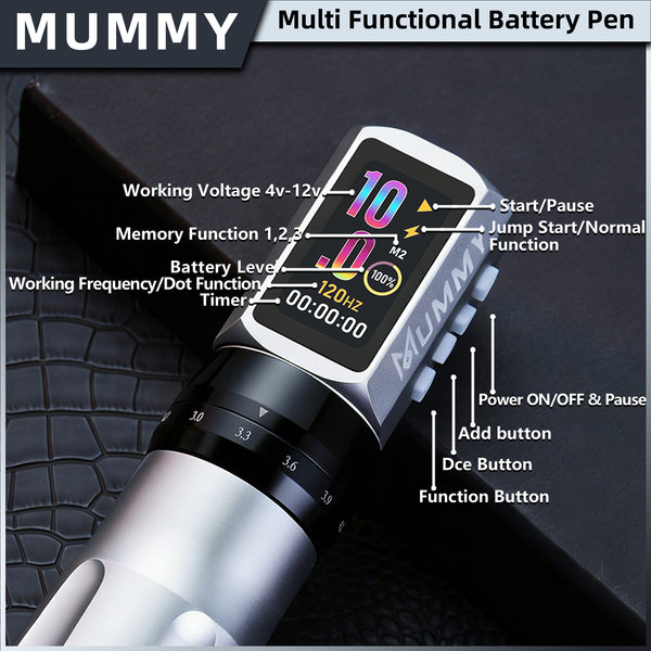 Mummy Tattoo Machine Pen with Adjustable 7 Strokes(Dual Battery)-silver