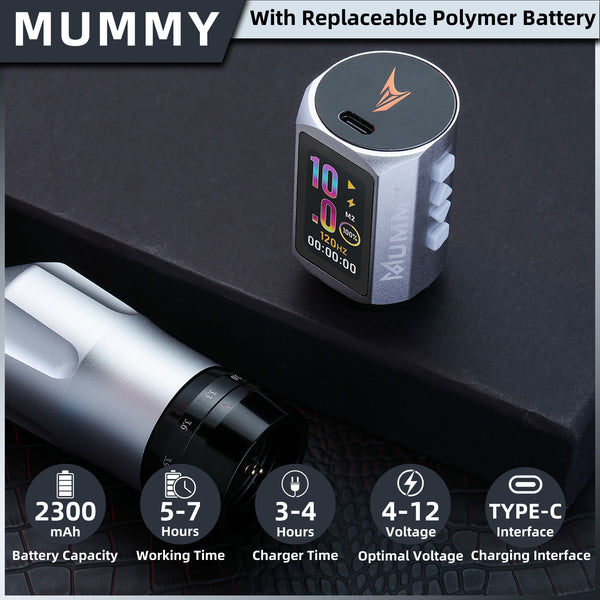 Mummy Tattoo Machine Pen with Adjustable 7 Strokes(Dual Battery)-silver