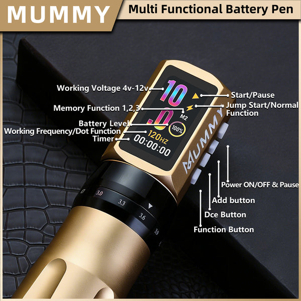 Mummy Tattoo Machine Pen with Adjustable 7 Strokes(Dual Battery)-gold