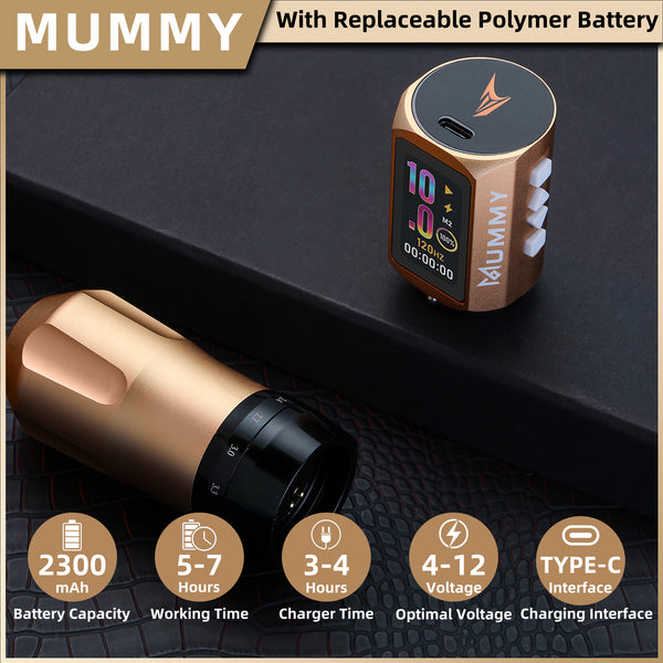 Mummy Tattoo Machine Pen with Adjustable 7 Strokes(Dual Battery)-gold