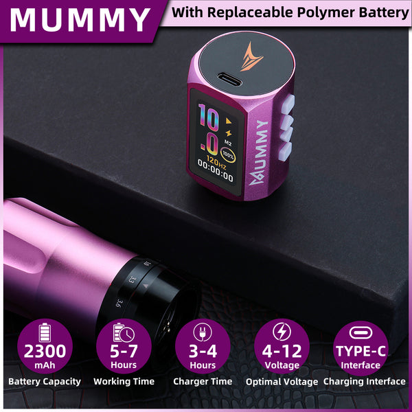 Mummy Tattoo Machine Pen with Adjustable 7 Strokes(Dual Battery)-pink