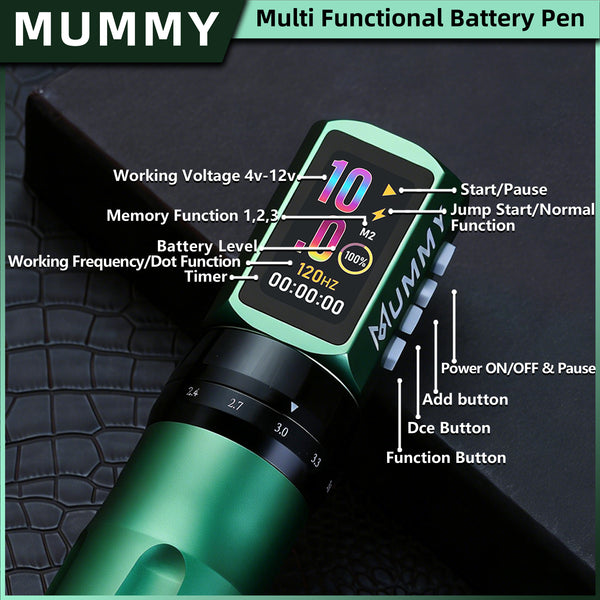 Mummy Tattoo Machine Pen with Adjustable 7 Strokes(Dual Battery)-green