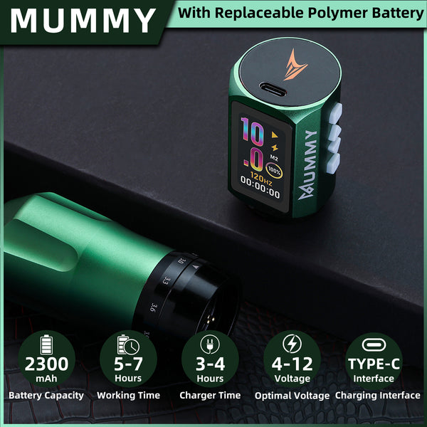 Mummy Tattoo Machine Pen with Adjustable 7 Strokes(Dual Battery)-green