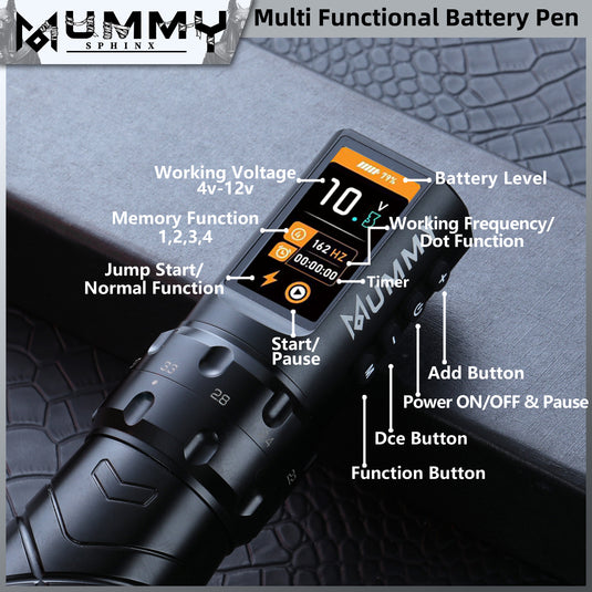 Translation missing: en.Mummy Sphinx Wireless Tattoo Machine Adjustable Stroke Length 2.2-4.2mm Replaceable Battery Tattoo Pen Color Screen Display